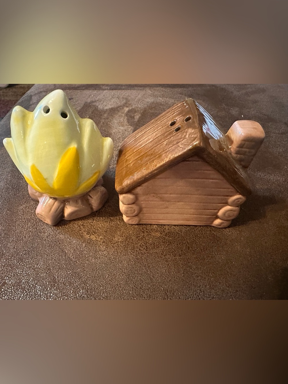 Ceramic Yellow Campfire & Brown Log Cabin Salt and Pepper Shakers